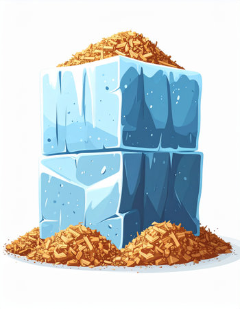 Illustration of blue ice cubes stacked together surrounded by sawdust on a white backgroundのイラスト素材