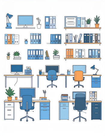 Illustration of a contemporary office space with desks chairs and decorのイラスト素材