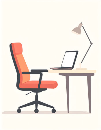 Illustration of a contemporary office setup with orange chair and laptopのイラスト素材