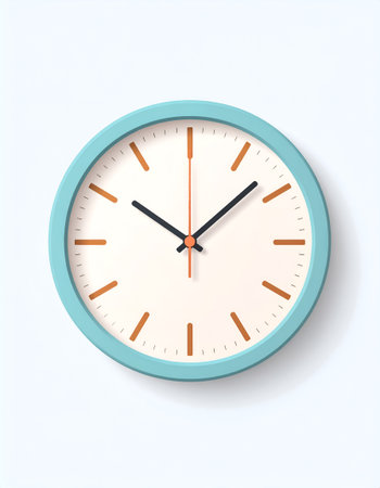 A simple and sleek wall clock with a blue frame and white face mounted on a plain white wall.