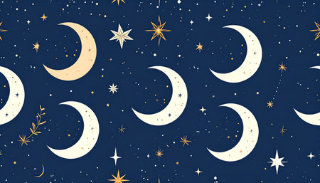 Illustration of lunar cycle with crescent moons and stars on dark blue backgroundのイラスト素材