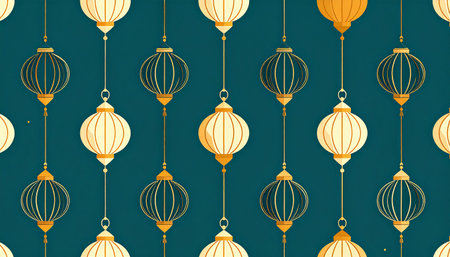 Repeating pattern of lanterns hanging from strings on a dark teal background.のイラスト素材