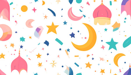 Vibrant illustration of crescent moons, stars, and domes on white backgroundのイラスト素材