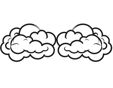 Illustration of two cartoon clouds in black outline on white backgroundのイラスト素材