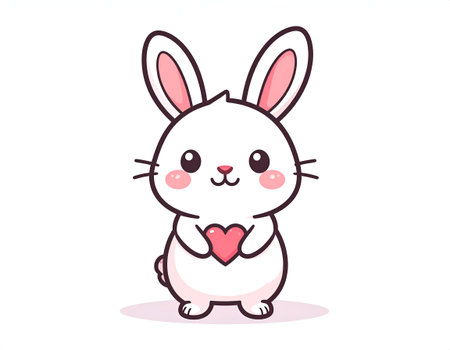Cute white rabbit cartoon character holding a red heart on a white backgroundのイラスト素材