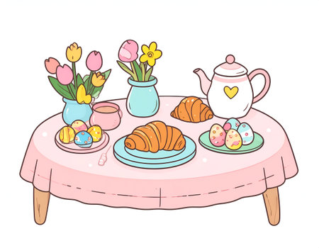 Illustration of a breakfast table with croissants, tea, and flowersのイラスト素材