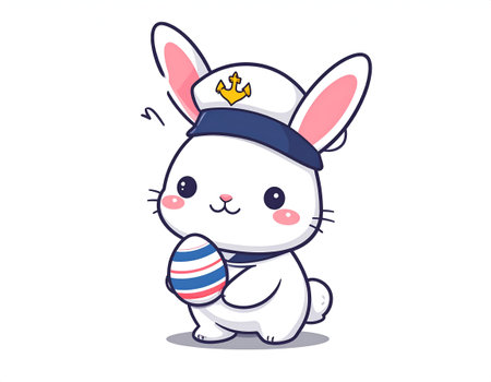 Illustration of a white bunny wearing a sailor hat and holding a striped ballのイラスト素材