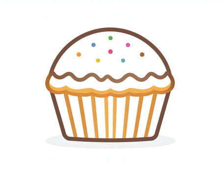 A whimsical cartoon cupcake with white frosting and colorful sprinkles on a plain white background.