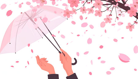 Illustration of hands holding a pink umbrella under falling cherry blossomsのイラスト素材