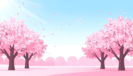 Illustration of pink cherry blossom trees in a serene field with a blue skyのイラスト素材