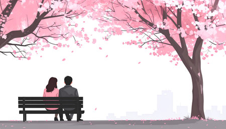 Illustration of a man and woman sitting on a bench under a blooming treeのイラスト素材