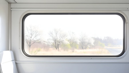 View from a train window showing a rural landscape with trees and fields outside on a foggy day