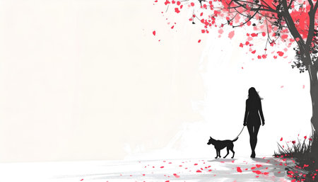 A woman walks her dog under a blooming cherry blossom tree on a serene path.のイラスト素材