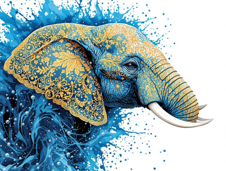Colorful illustration of an elephant head surrounded by splashing waterのイラスト素材