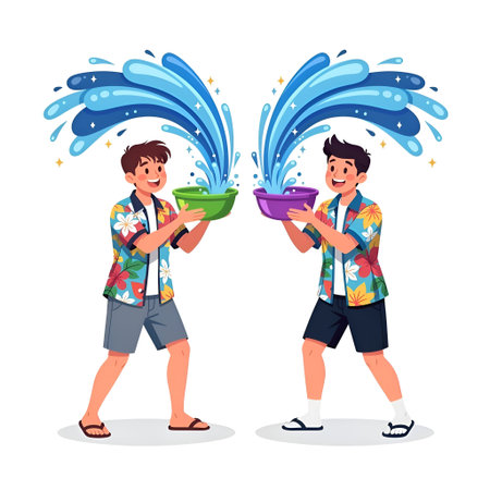 Illustration of two men having fun with water gunsのイラスト素材