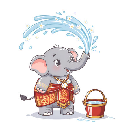Illustration of a gray elephant in traditional dress playing with water from a red bucketのイラスト素材