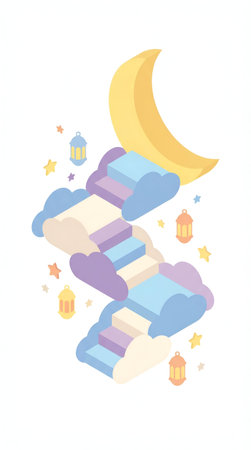 An imaginative illustration depicts a vibrant stairway made of colorful clouds and geometric steps leading upwards towards a large golden crescent moon surrounded by stars and decorative lanternsのイラスト素材