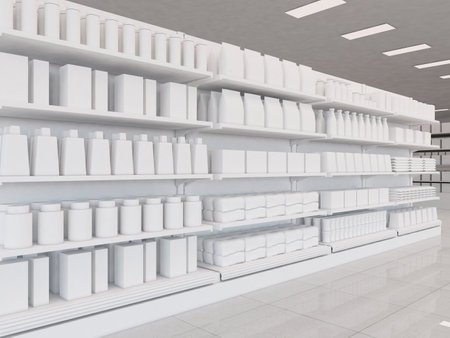 set of supermarket shelves in perspective view with blank products and packaging. 3d render illustrationの写真素材