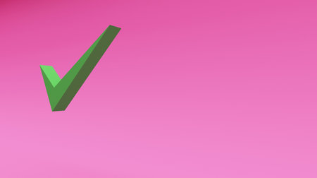 3d Green check mark or tick isolated over pink background. 3D rendered illustrationの写真素材