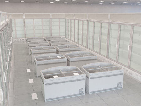 A supermarket Frozen Section or frozen foods space area with a row of empty refrigerated freezer display cabinets and freezer bonnet. perspective view.3d rendering illustrationの写真素材
