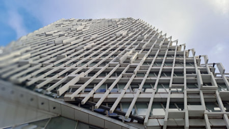 Modern architecture facade cladding made of white rectangular panels on a skyscraper under a cloudy...
