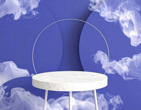 Minimalistic product presentation scene featuring a white marble podium on a blue background with abstract smoke elementsの素材