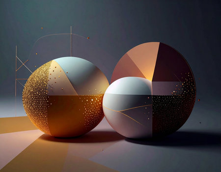 Two abstract spheres represent market share, decorated with gold glitter and geometric linesの素材