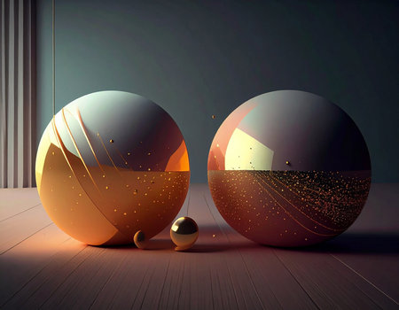 Two large spheres with gold details and smaller golden spheres rest on a wooden floor in a dimly lit room with a teal wallの素材