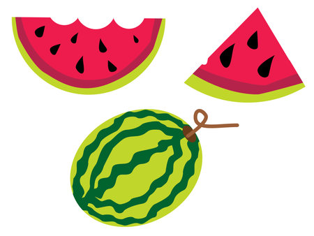 Refreshing watermelon illustration showing a whole fruit, a slice, and a partially eaten slice, perfect for summer themesのイラスト素材
