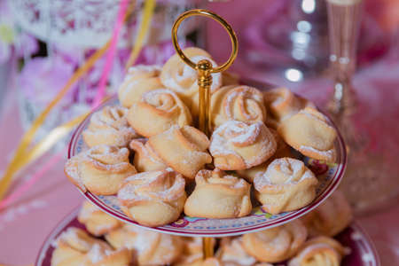 Flower shape cookies . Flower flat cake . Candy Barの写真素材