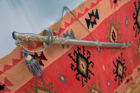 Viking sword medieval Azerbaijan cold steel blade . Ancient Azerbaijan military sword on white background. Clipping path is includedの写真素材