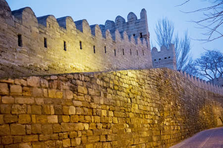 The narrow streets of Icheri Sheher old city in night Baku.の写真素材