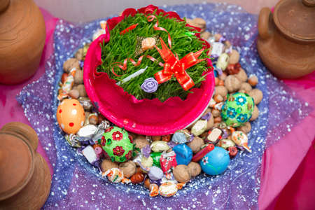 Novruz national Azerbaijan holiday spring new year celebration concept, wheat grass semeni .の写真素材
