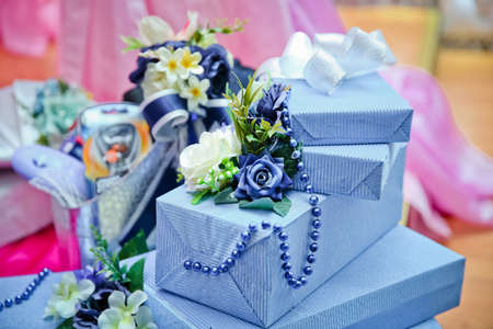 Christmas and New Year's Day ,open blue gift box top view selective focus background with clipping pathの写真素材