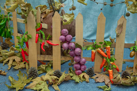 Artificial red pepper, pink onion and red root.の写真素材