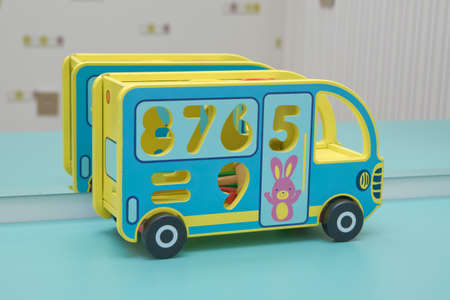 wooden toy bus . toy bus, multicolor car wooden blocks, transport over sky background