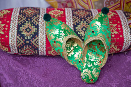 Arabian Embroidered Leather green Shoes . Traditional Arabic green shoes . Arabian oriental green...