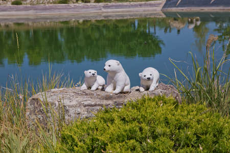 Baku Azerbaijan - 05.07.2018 . Carved statue of brown white bear with cub in front of canola field beneath an lake . Three White bear-cub statueの写真素材