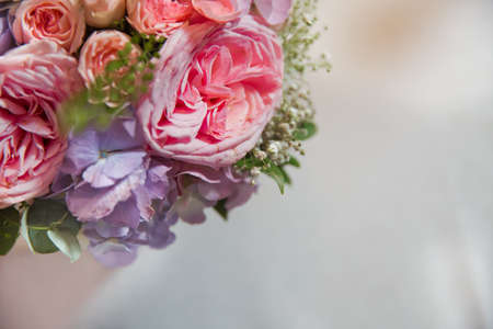 Pink flower bouquet for text . Background with violet,pink peonies on a white backgroundの写真素材