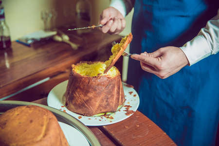 Shah pilaf. Khan pilaf in a pita. Traditional oriental dish . on tableware . Azerbaijan , Baku ....