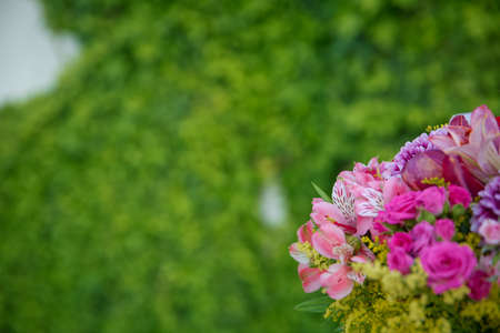 Beautiful bunch of colorfull flowers with pink, purple , white, red and yellow flowers .Beautiful wedding colorful purple bouquet for bride. Beauty of colored flowers. Flowers backgrounds .の写真素材