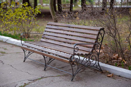 Empty Park wooden bench Closeup view. Wood exterior material. Wood material details. Blank Old bench in a shady area of the garden or the park,outdoor. Shaded wood park bench surrounded by greeneryの写真素材