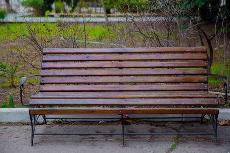 Empty Park wooden bench Closeup view. Wood exterior material. Wood material details. Blank Old bench in a shady area of the garden or the park,outdoor. Shaded wood park bench surrounded by greeneryの写真素材