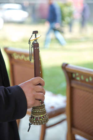 A man playing `zurna` (traditional instrument) in wedding . The man was holding a zurna in his handの素材 [FY310140714909]