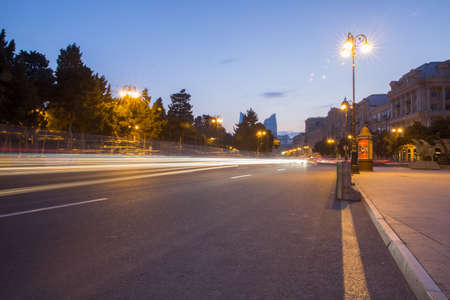 Baku Azerbaijan - 27 April, 2019. Bright Baku nights . Routes in Baku. Located on Neftchilar Avenueのeditorial素材