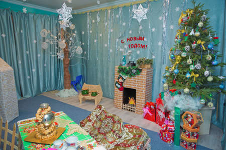 Baku, Azerbaijan . 10.01.2018 . Decor for the New Year in the kindergarten . New Year Birthday Party Festival . Hall kindergarten decorated in blue tones for the Christmas holiday.のeditorial素材