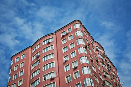 Azerbaijan Baku 21.03, 2020 Facade of modern multi-storey new residential orange building near BAku...