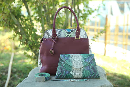 Women's pink handbag is on the green background nature . Green handbag, belt, watch