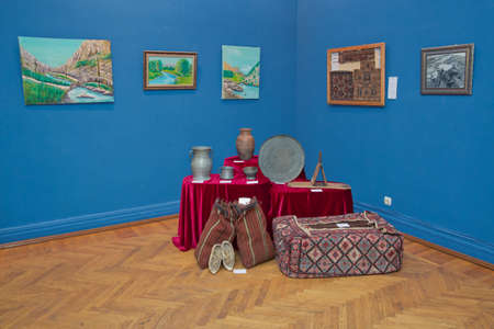 Azerbaijan Baku 04.12.2020 . Various amphorae exhibited in the national arcaeological museum . Copper pottery exhibition .のeditorial素材