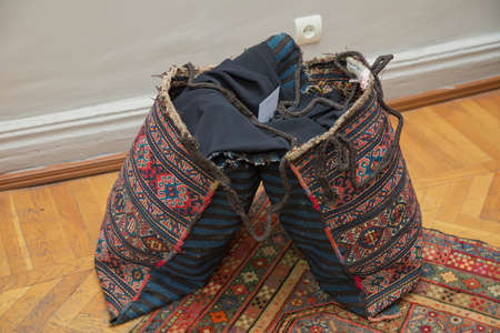 Azerbaijan Baku 04.12.2020 . Saddlebag . Old traditional saddlebag. Sand Bag Saddlebag Design.のeditorial素材